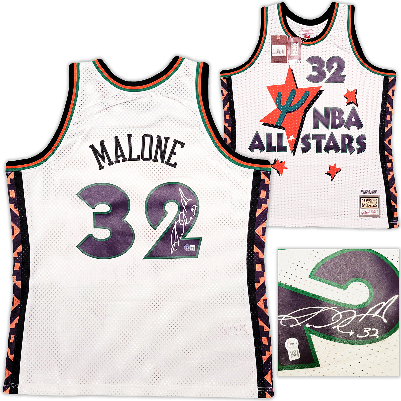 JAZZ KARL MALONE AUTOGRAPHED WHITE PURPLE M N 1995 AS JERSEY XL BECKETT 211885