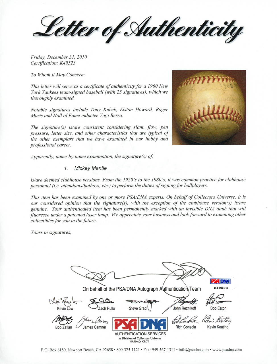 1960 Yankees Autographed LL Baseball 25 Sigs Roger Maris Berra PSA/DNA K49523 - Picture 9 of 9