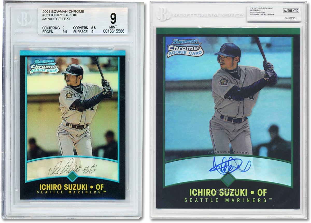 Graded Ichiro 2001 Bowman Chrome and 2016 Reprint