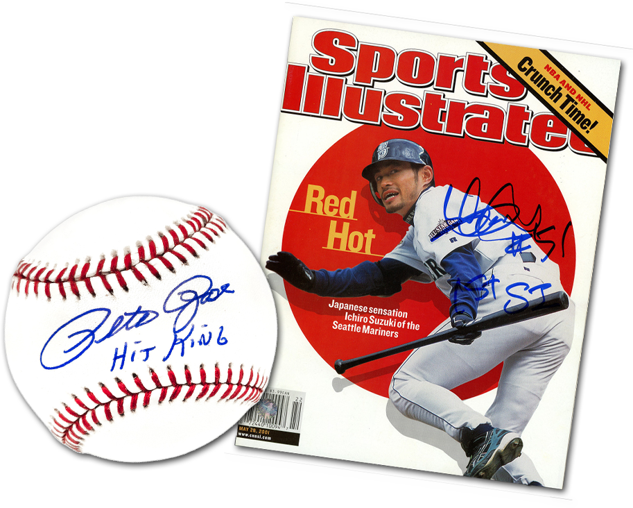 Autographed Pete Rose Baseball and Ichiro Suzuki Sports Illustrated Magazine