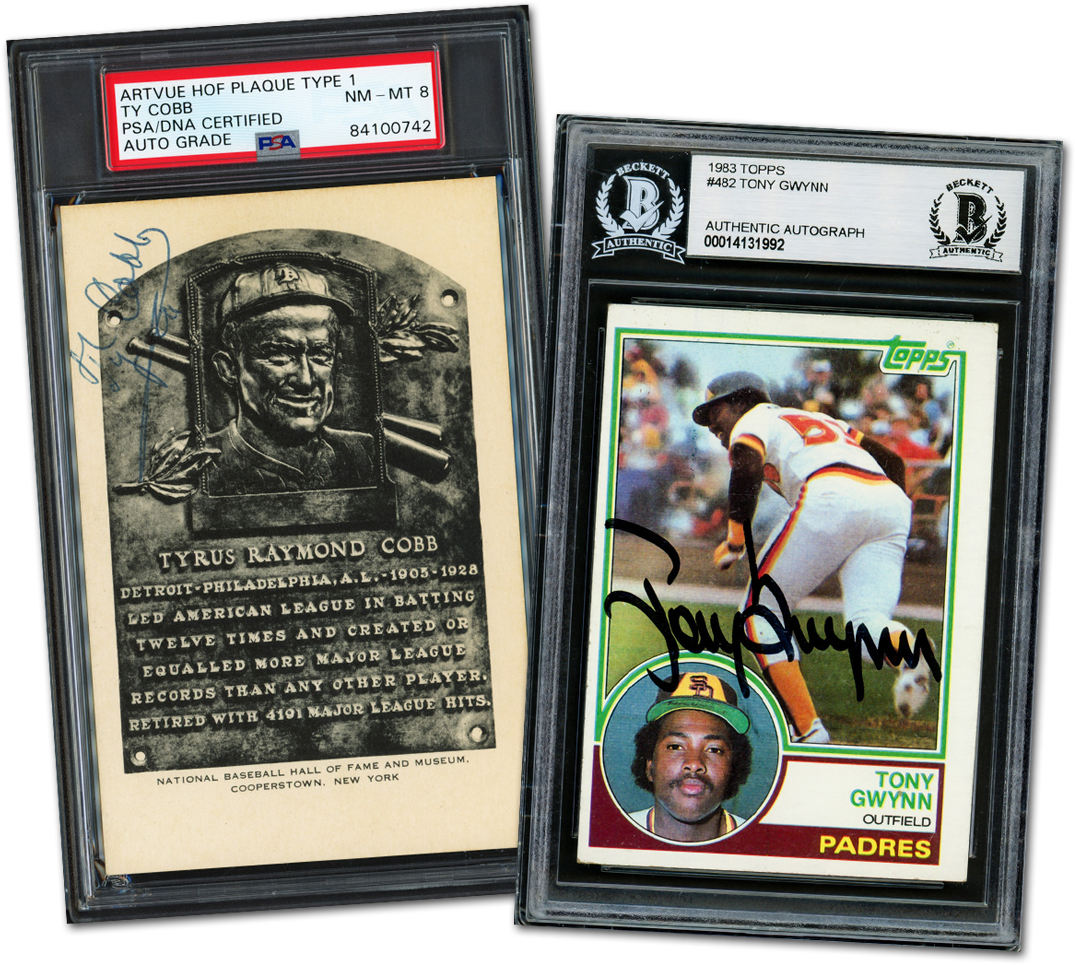Autographed Ty Cobb Hall of Fame Plaque and Tony Gwynn Card