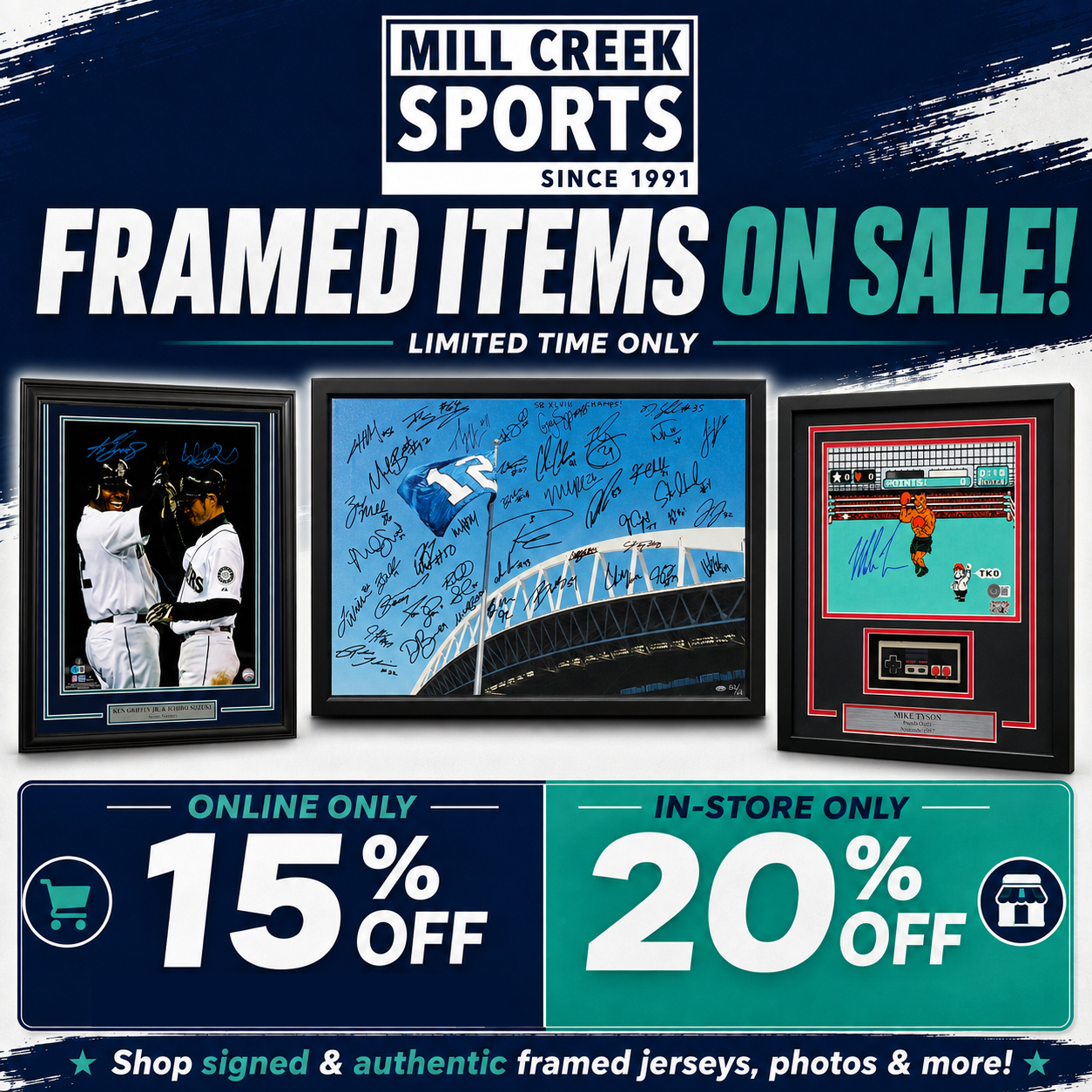 Mill Creek Sports framed memorabilia sale: 15 percent off online and 20 percent off in store