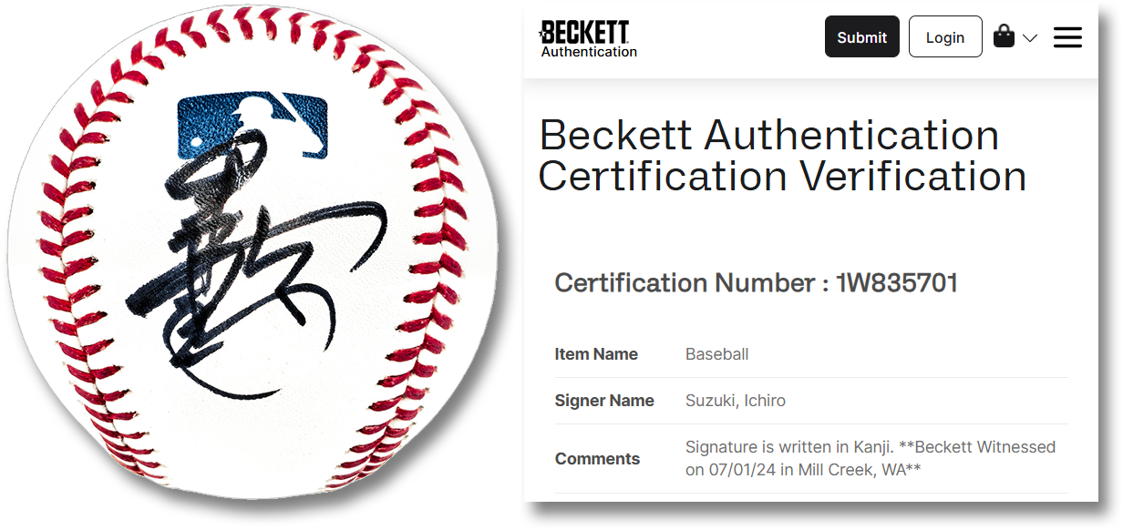 Baseball Signed by Ichiro in Kanji on July 1, 2024